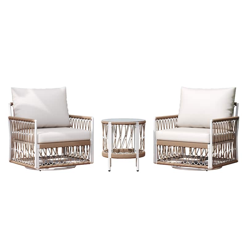 Roomfitters 3-Piece Outdoor Conversation Set with 2 Lounge Chairs and Glass Side Table, Handwoven Rope Patio Furniture