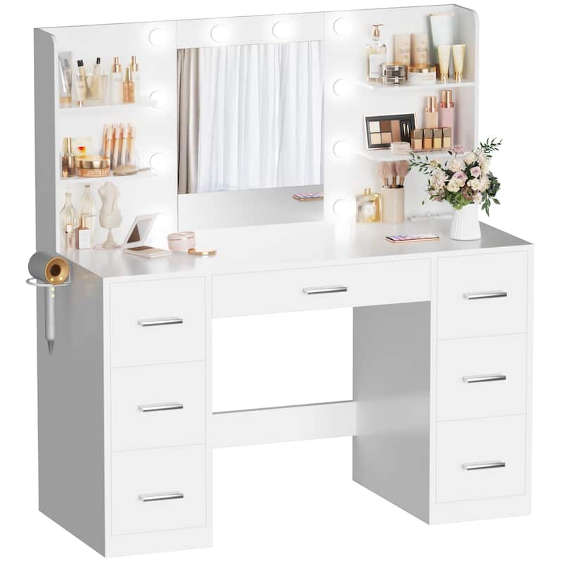 Furniwell Makeup Vanity with Mirror and Drawers Vanity Desk Set with 3 Modes Adjustable Brightness Lights and USB Power Outlet