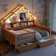 preview thumbnail 16 of 26, Full Size House Bed with Two Drawers, Kids Wood Bed Platform Beds with LED, Storage Shelves and Guardrail for Girls, Boys