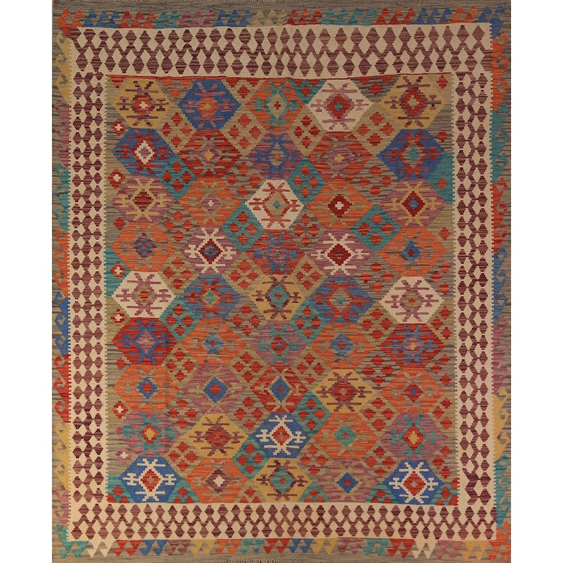 Colorful Geometric Kilim Oriental Area Rug Hand-Woven Wool Carpet - 8'7"x 9'6"