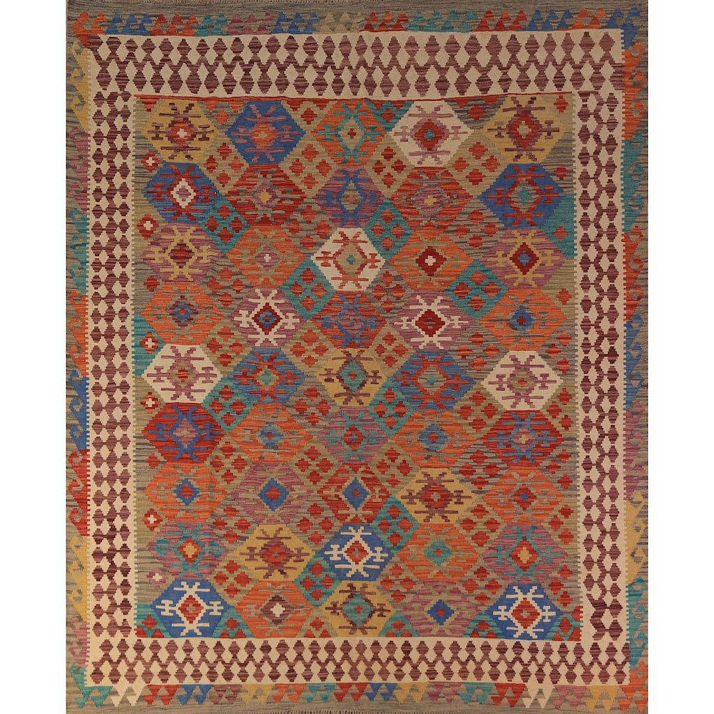 Colorful Geometric Kilim Oriental Area Rug Hand-Woven Wool Carpet - 8'7"x 9'6"