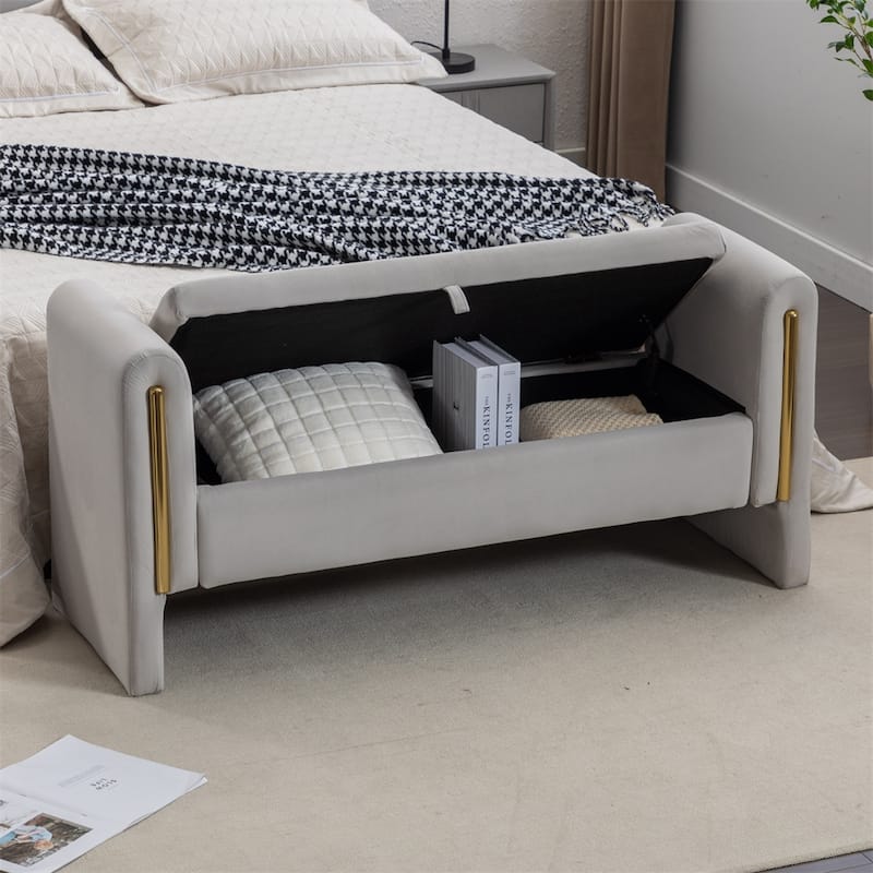 Storage Bench Bedroom Bench With Gold Metal Trim Strip For Living Room - Light Gray+Velvet