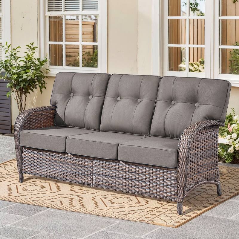 3 Seats Outdoor PE Wicker Sofa - Brown Wicker & Red Cushion