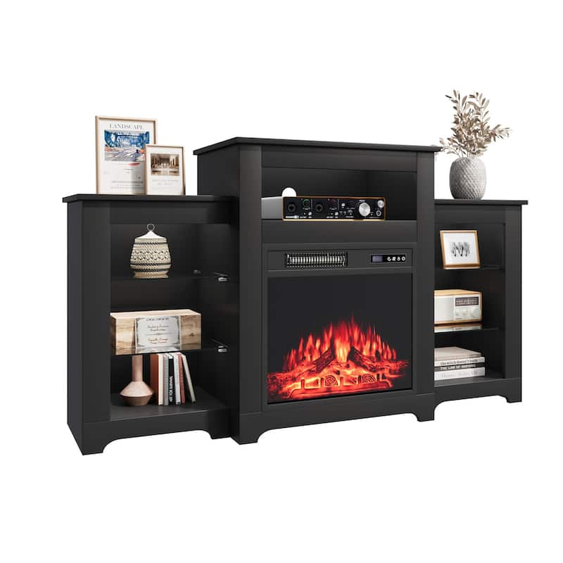 32" H Fireplace TV Stand, 55/70 Inch Media Console for TVs up to 80", Remote, Storage & LED Lights