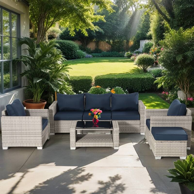 7-Piece Wicker Outdoor Sectional Set with Cushions and Table