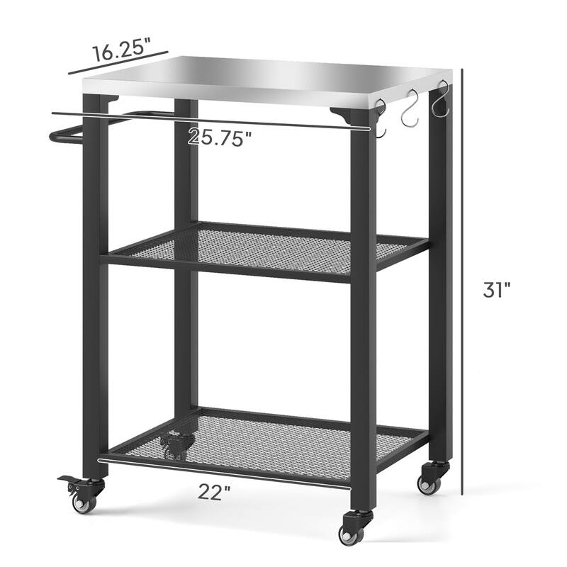 Stainless Steel Grill Cart with Storage Shelves and Tool Hooks Mobile Serving Table for Patio - 25.8" W x 16.1" D x 31.1" H