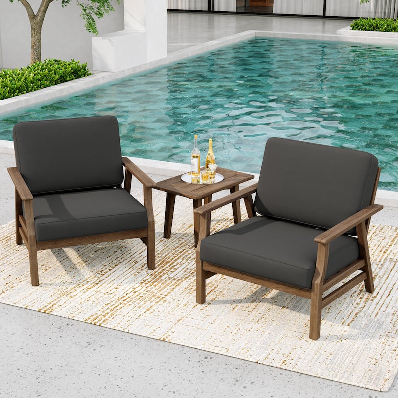 3-piece Outdoor Cushioned Bistro Set Patio Wood Conversation Set