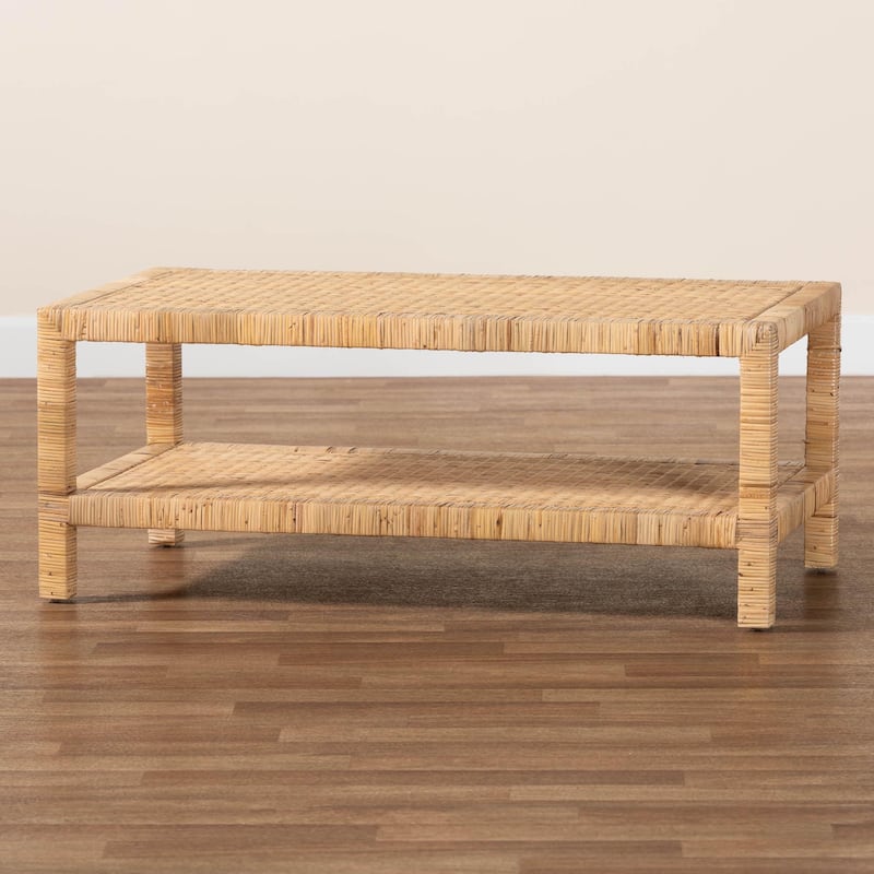 Kalimantan Bohemian Light Honey Rattan and Mahogany Wood Rectangle Coffee Table