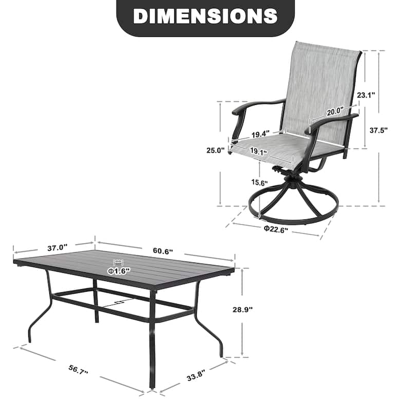 Nuu Garden 7-Piece Patio Iron Dining Set with Textilene Swivel Chairs