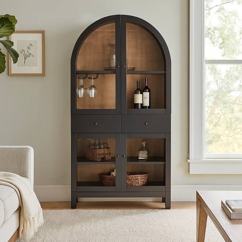 Ric Arched Wine Bar Cabinet, 2 Drawers w 4 Glass Door Shelves, Black