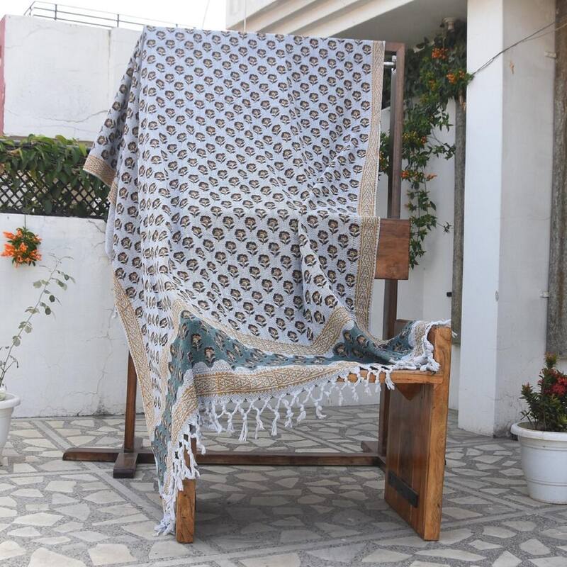 Fabdivine Rohini Handwoven Cotton Throw Blanket - Floral Block Print Decorative Home Accent with Artisan Fringe, 90" x 54"