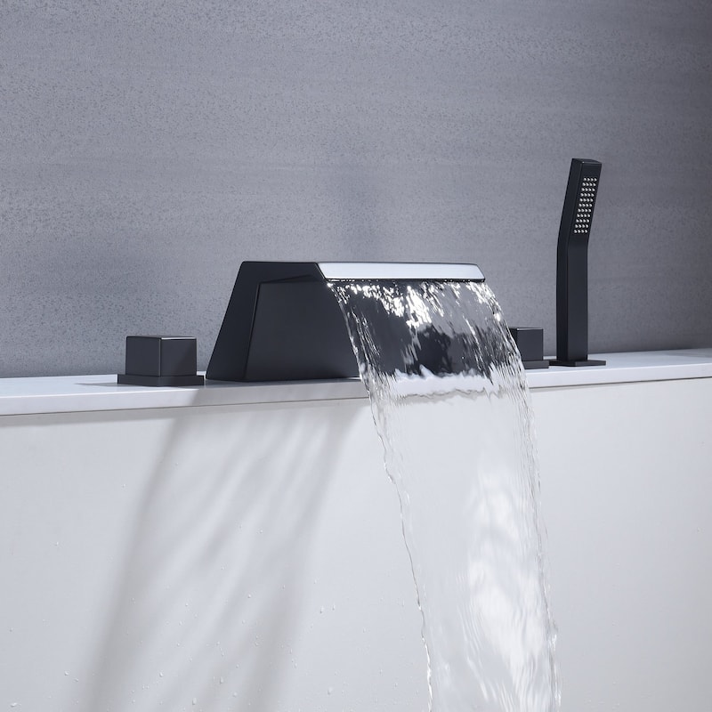 Waterfall Tub Filler Bathtub Faucet matte black 5-Hole 3-Handle Solid Brass Bathroom Bath Tub Faucets - 9'6" x 13'6"