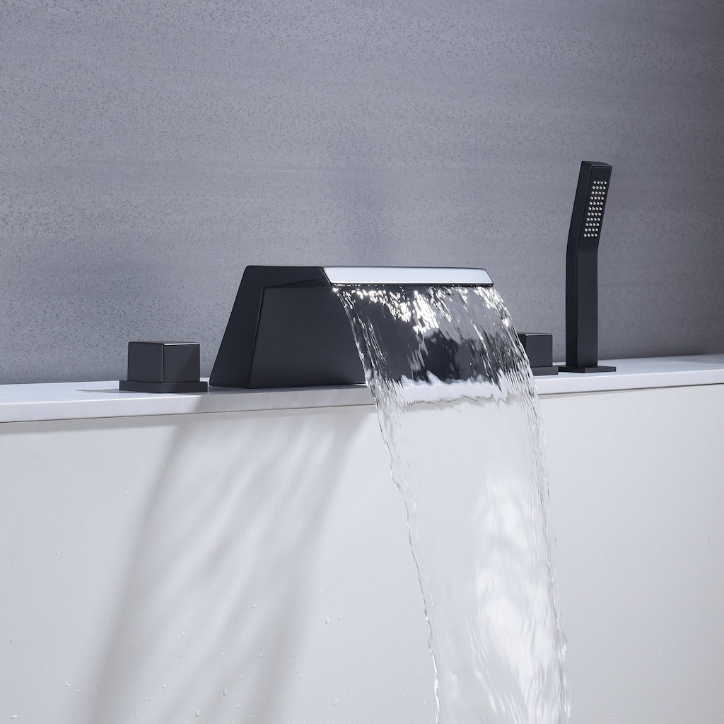 Waterfall Tub Filler Bathtub Faucet matte black 5-Hole 3-Handle Solid Brass Bathroom Bath Tub Faucets - 9'6" x 13'6"