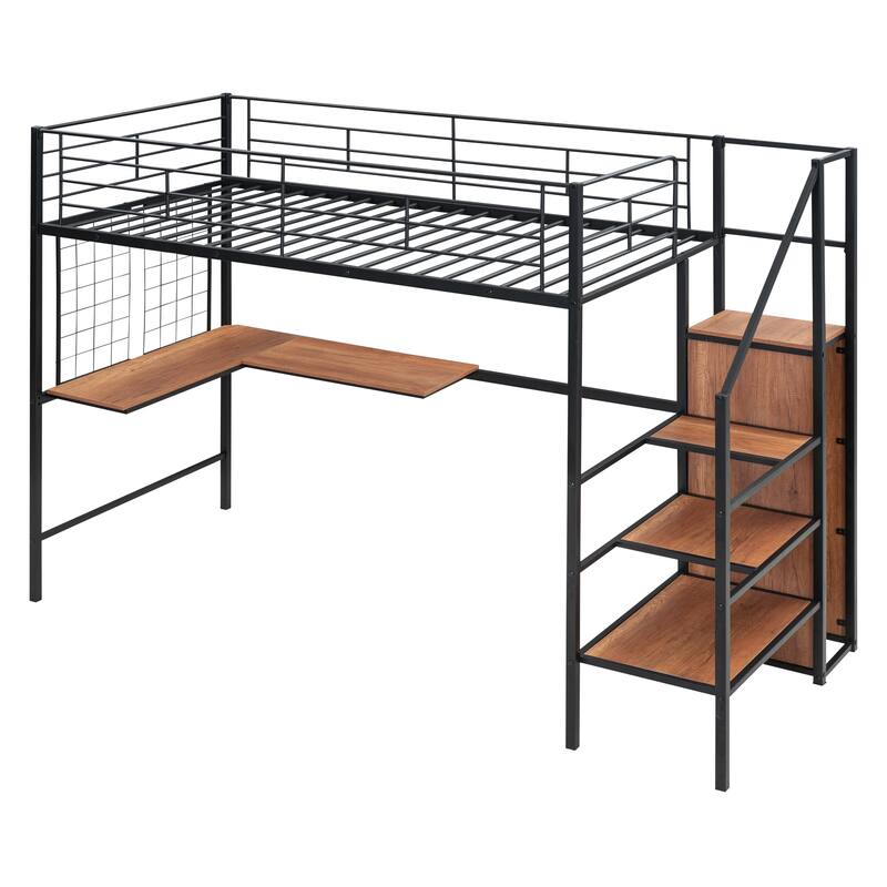 Twin Size Metal Loft Bed with Desk, Metal Grid, Storage Ladder, and Wardrobe