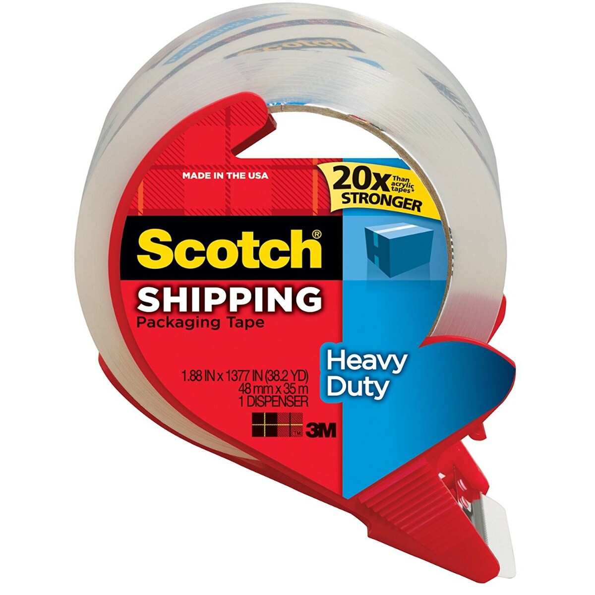 Scotch 3850S-RD Heavy-Duty Shipping Packaging Tape w/Dispenser, 1.88"x 38.2 Yd