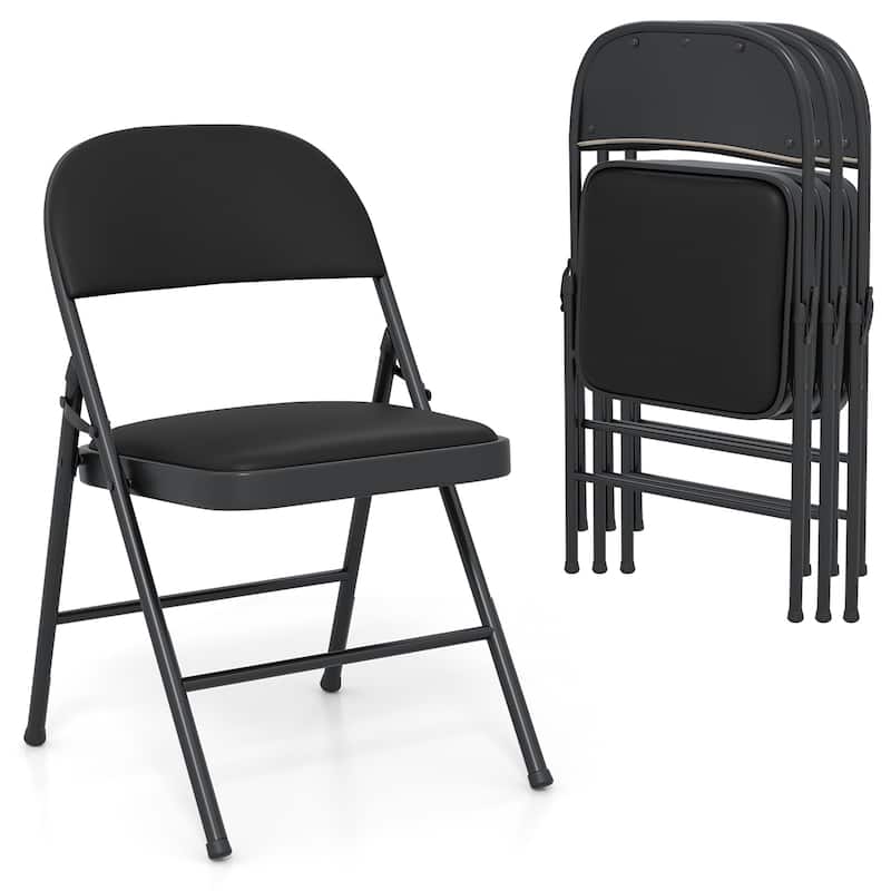 Gymax 4PCS Folding Chairs w/ Metal Frame PVC Leather Stackable Chairs - Black
