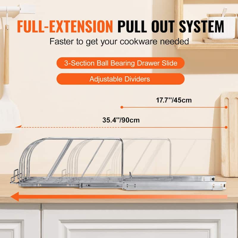 Chrome Plated Carbon Steel Expandable Pan and Pot Rack Tray Organization with 3-Section Ball-Bearing System