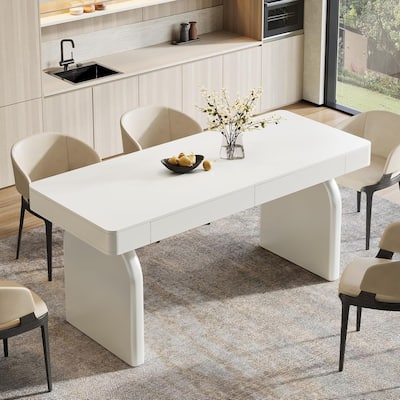 63-Inch White Dining Table with 2 Storage Drawers, Modern Rectangular Glossy Kitchen Table