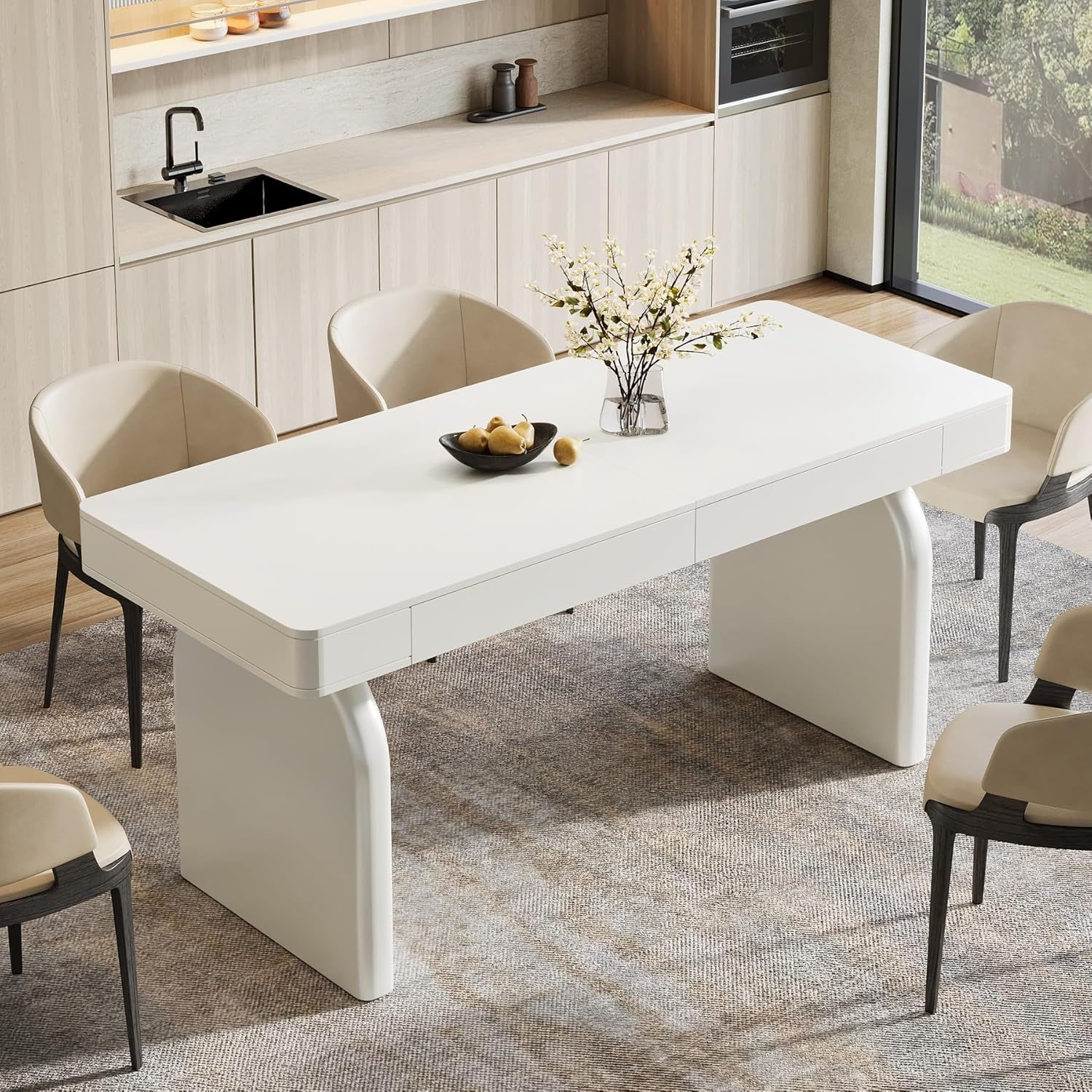 63-Inch White Dining Table with 2 Storage Drawers, Modern Rectangular Glossy Kitchen Table