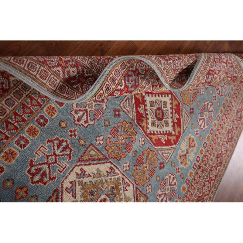 Light Blue Geometric Kazak Oriental Rug Bedroom Handmade Wool Carpet - 3'11" x 5'10"
