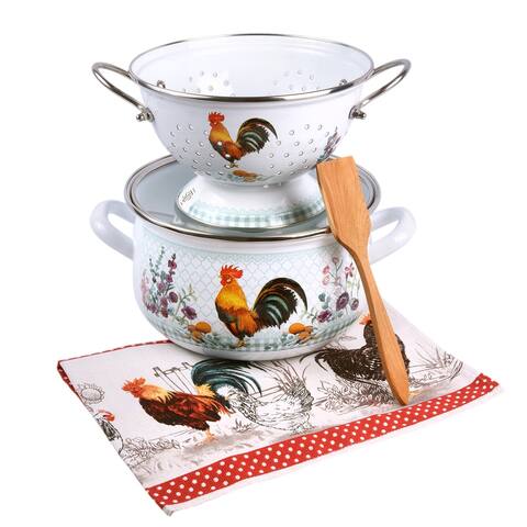 STP Goods Rooster Enameled Pasta Set of 2 w/Towel & Spatula
