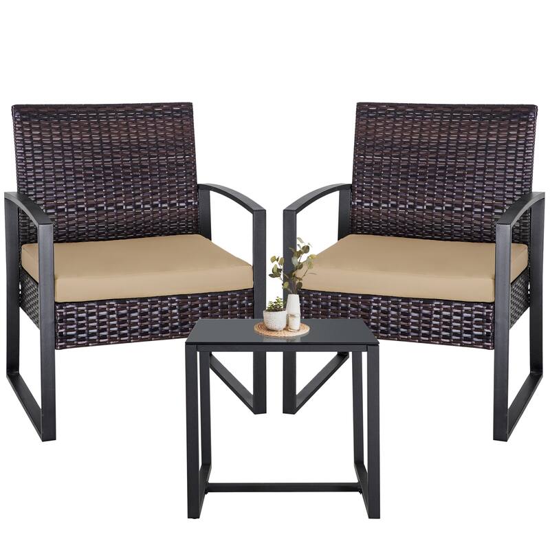 3-Pieces Wicker Patio Conversation Set Outdoor Chairs with Cushions
