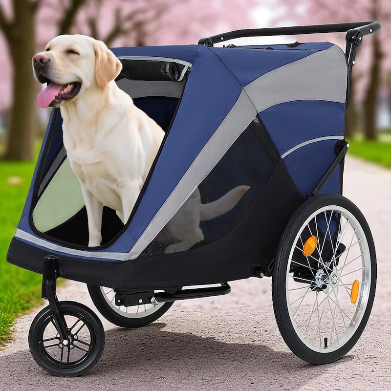 2-in-1 Pet Bike Trailer & Push Cart - 100LB Dog Carrier with Quick Release Wheels, Storage Bag & Safety Leash - Black Blue