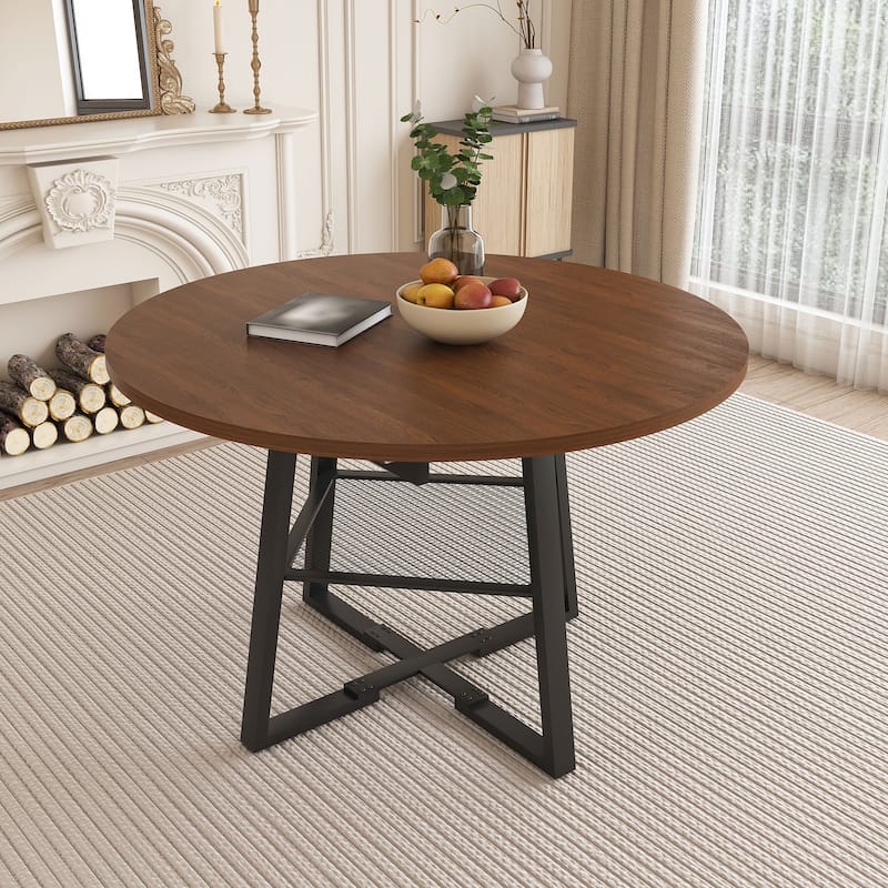 Roomfitters 47 Inch Extendable Round Dining Table for 4-8 with Storage Shelf, Circle to Oval Kitchen Table, Walnut Finish