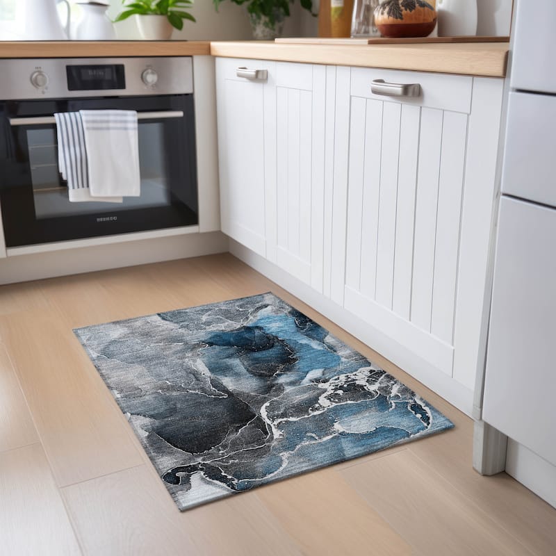 Machine Washable Indoor/ Outdoor Chantille Abstract Blue Rug - Blue - 1'8" x 2'6"