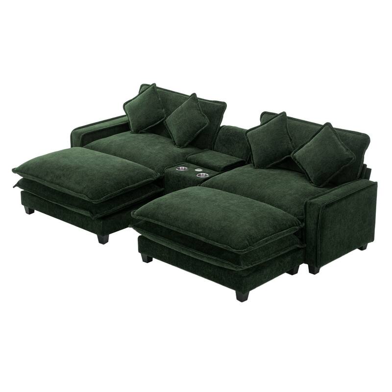 111" Chenille Sectional Sofa Set with USB Ports & Cup Holders, Oversized Chaise Lounge Modular Loveseat with 2 Ottomans