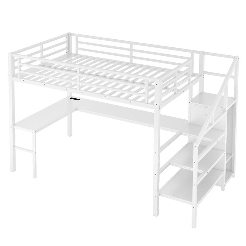 Full Size Loft Bed with L-shaped Desk and USB, Metal Loft Bed with Wardrobe and Adjustable Shelf, High Loft Bed with LED