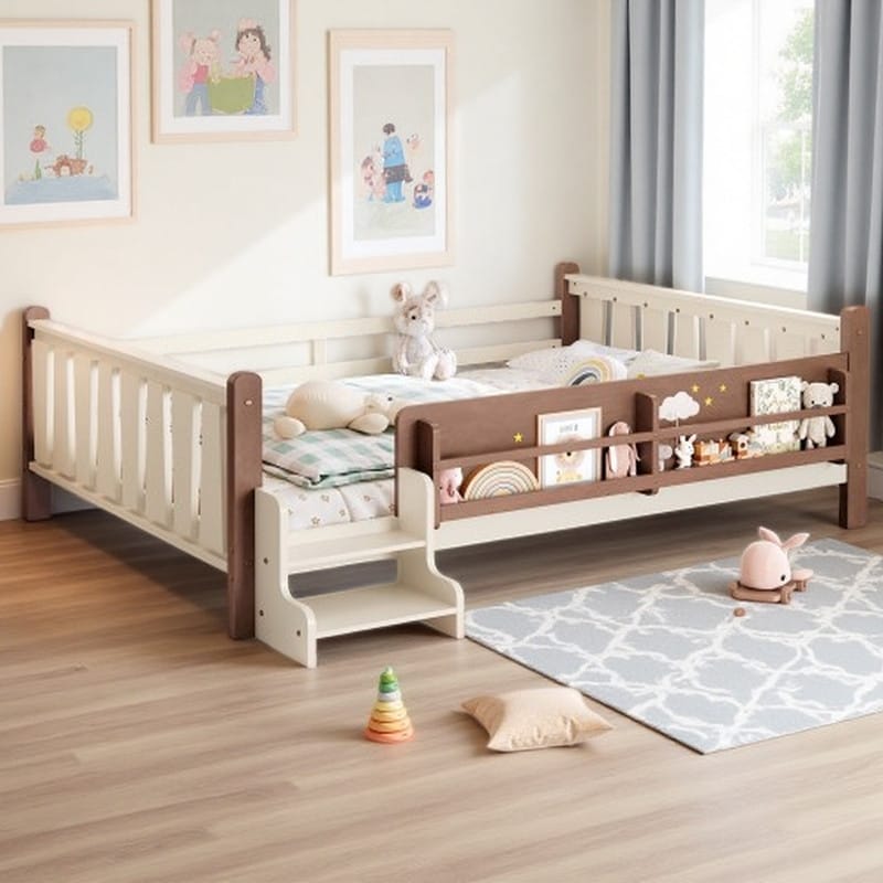 Solid Wood Kids Floor Bed with Built-In Bookcase Storage & Stair Access, Solid Wood Platform Bed Frame with Full Guardrails
