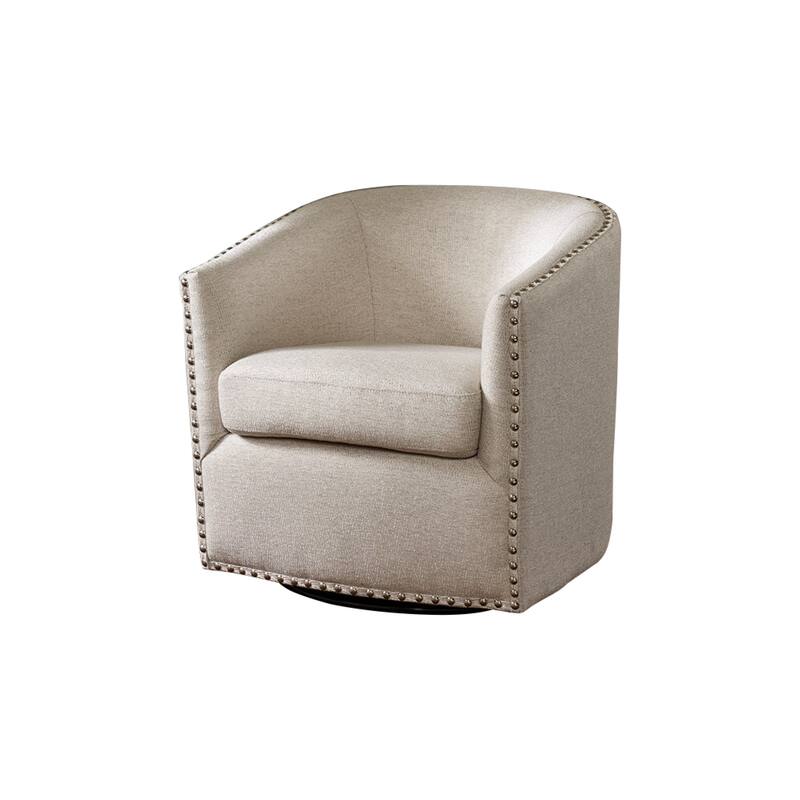 Roomfitters Swivel Accent Chair, Upholstered Barrel Armchair with 360 Degree Metal Base and Nailhead Trim