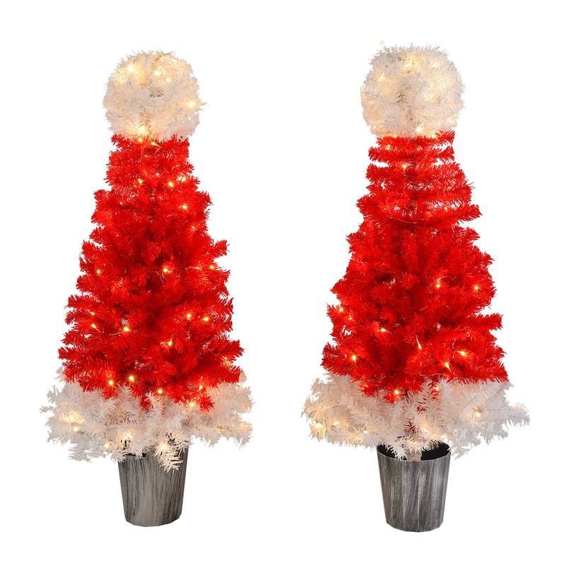 4ft Lighted Santa Hat Style Christmas Tree Set, Set of 2, with 100 LED Lights Each, Perfect for Holiday Decorations