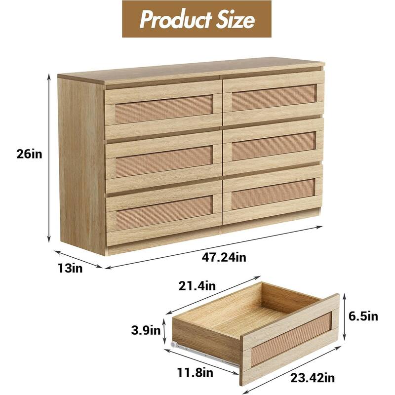 Rattan Dresser for Bedroom, 6 Drawer Double Dresser, Modern Wood Chest of Drawers
