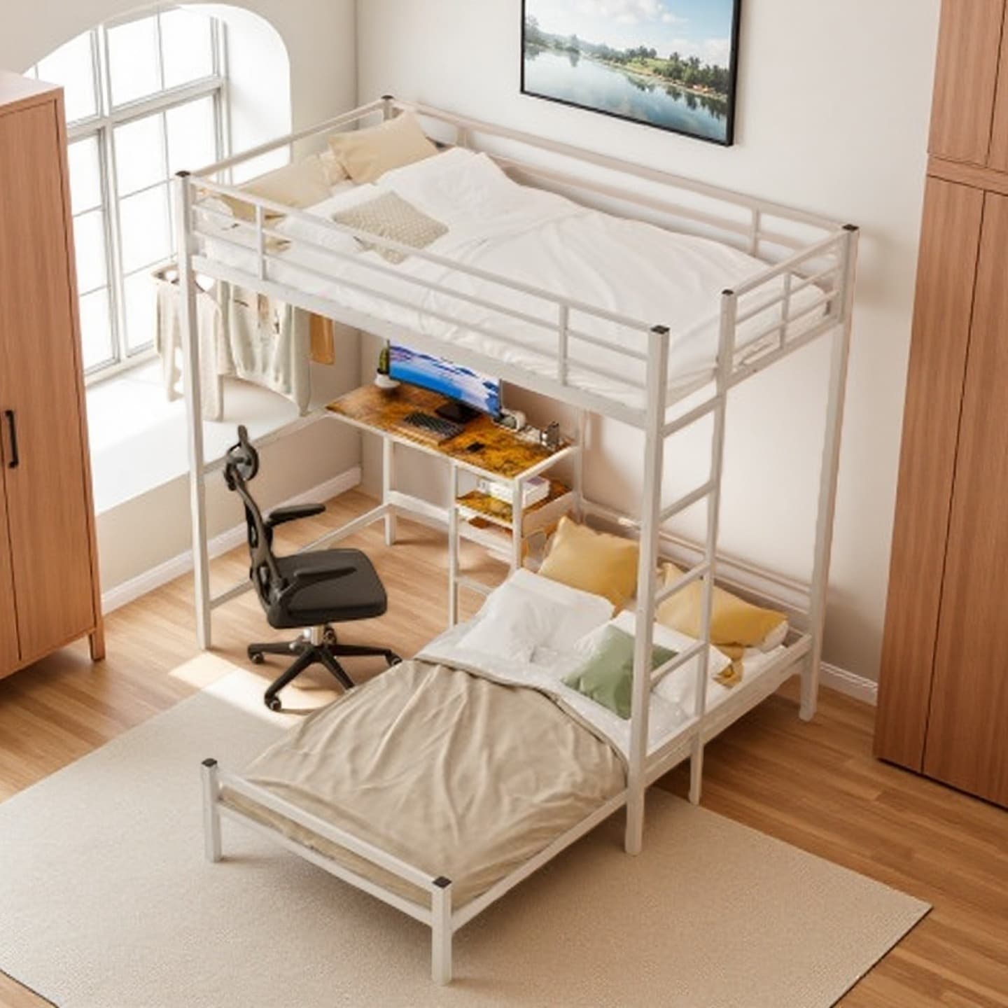 Twin Over Twin Metal Loft Bunk Bed with L-Shaped Desk, Storage Shelves and Drawers, with Safety Guardrails and Ladder