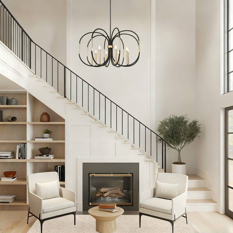 Modern Unique 8-Light Chandelier Black Gold Drum-Shape Pendant for Dining Room - 37.8 " × 20 "