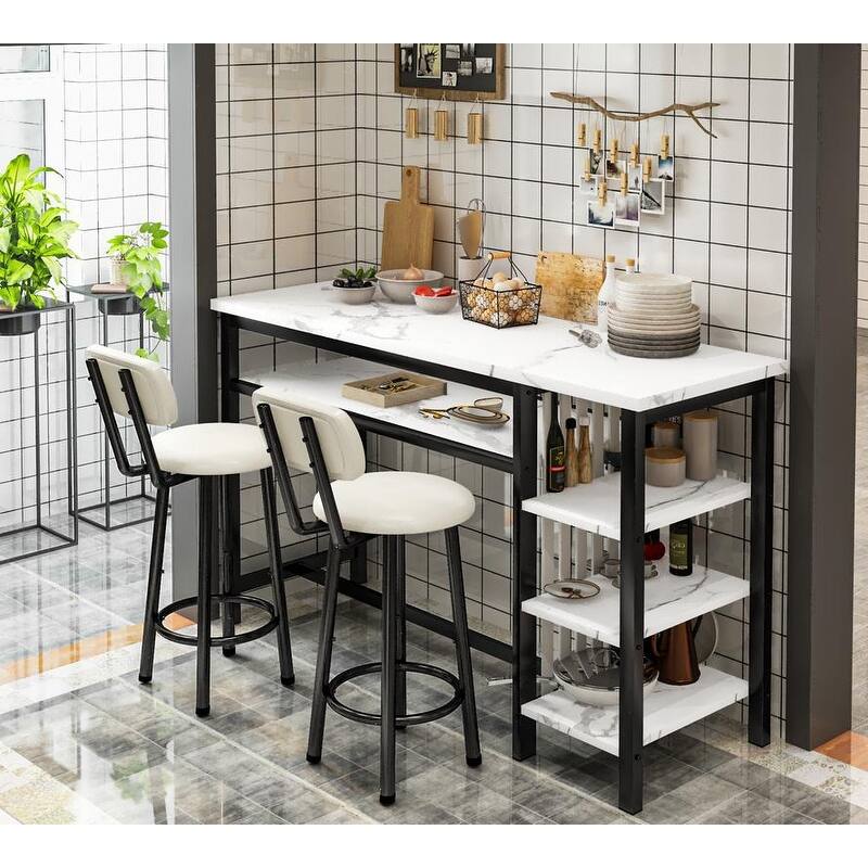 3-Piece Dining Room Table Set with 2 Upholstered Bar Stools, Modern Farmhouse Bar Table Set for 2 with Multiple Tier Shelves