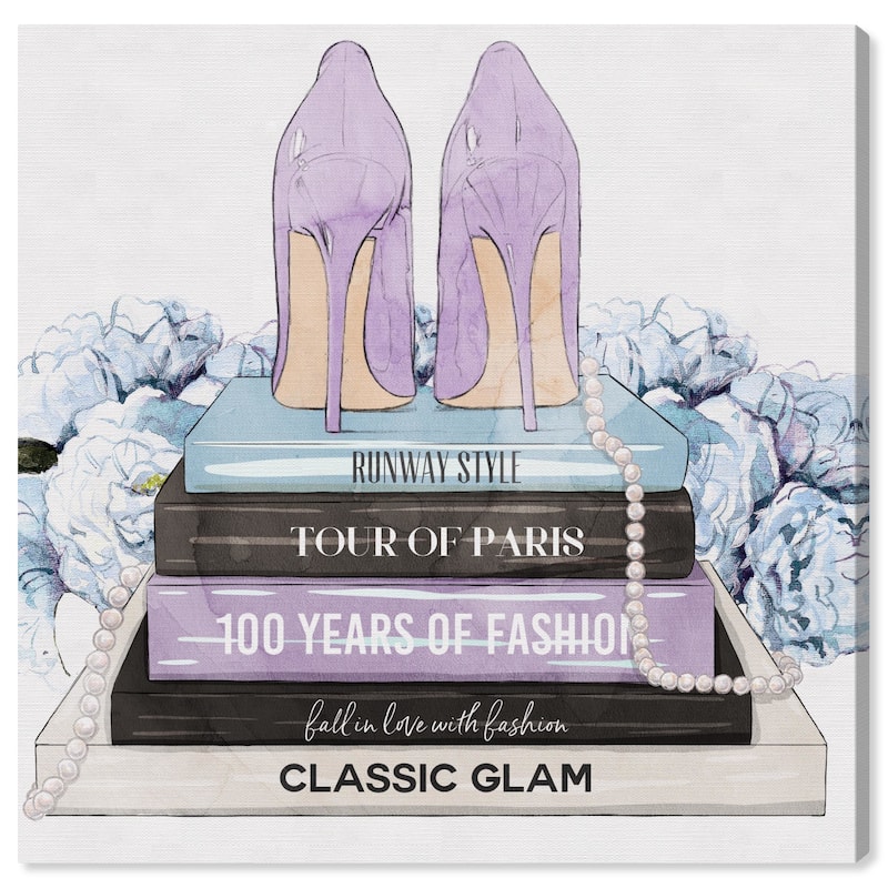 Wynwood Studio Fashion and Glam Lavender Blue Books and Heels Pastel Purple Modern & Contemporary Wall Art Canvas Print