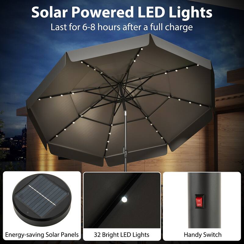 10FT Polyester Patio Umbrella with Solar Lights and Tilt Crank 3-Tier Vented Shade for Backyard