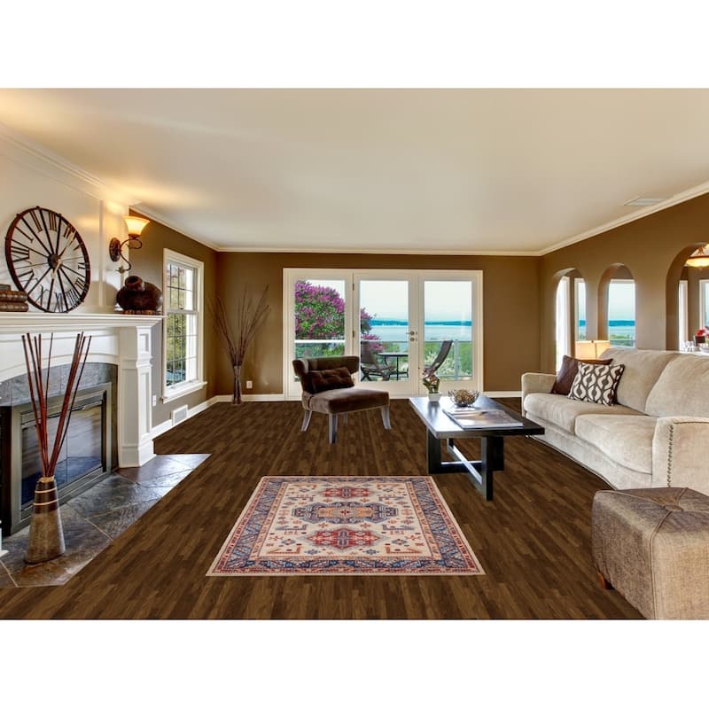 Geometric Beige / Ivory Kazak Accent Rug Hand-Knotted Wool Carpet - 4'0" x 6'1"