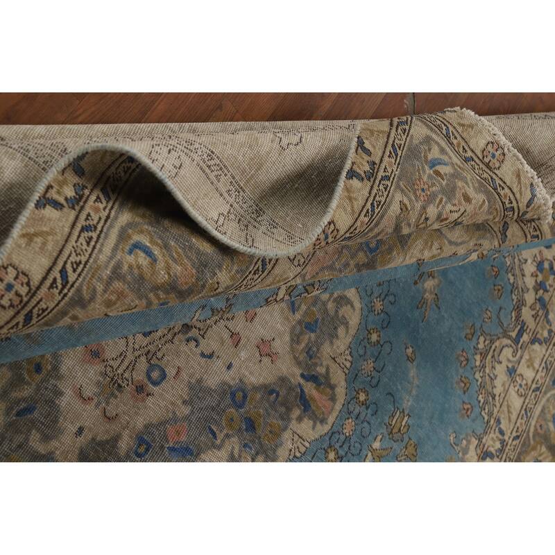 Blue Traditional Tabriz Persian Vintage Rug Hand-Knotted Wool Carpet - 7'10" x 10'10"