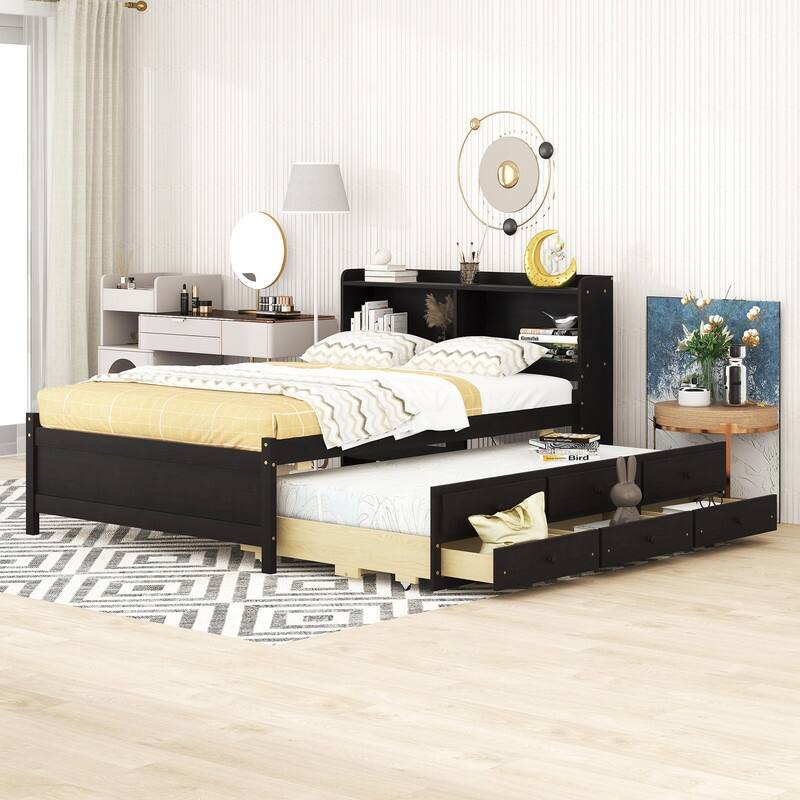 Full Size Bed with USB Ports, LED light, Trundle and 3 Storage Drawers, Espresso Bed Bath