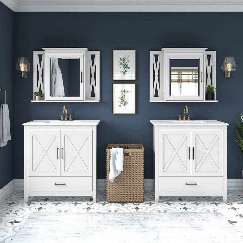 Key West 64W Double Vanity with Sinks and Cabinets by Bush Furniture - White Ash