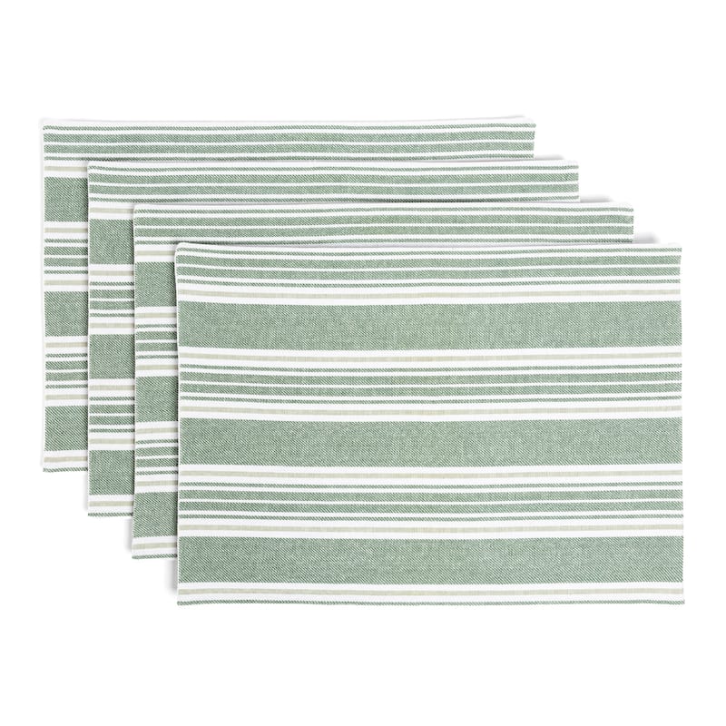 over&back 100% Cotton Woven Placemats - Machine Washable - Set of 4 - Green Stripe