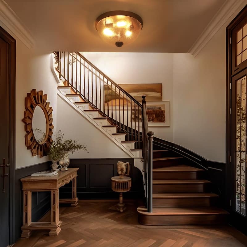 15.9" W 3-Light Vintage Matte Black Dome Metal Flush Mount Bowl Ceiling Light with Transparent Black Textured Glass for Foyer