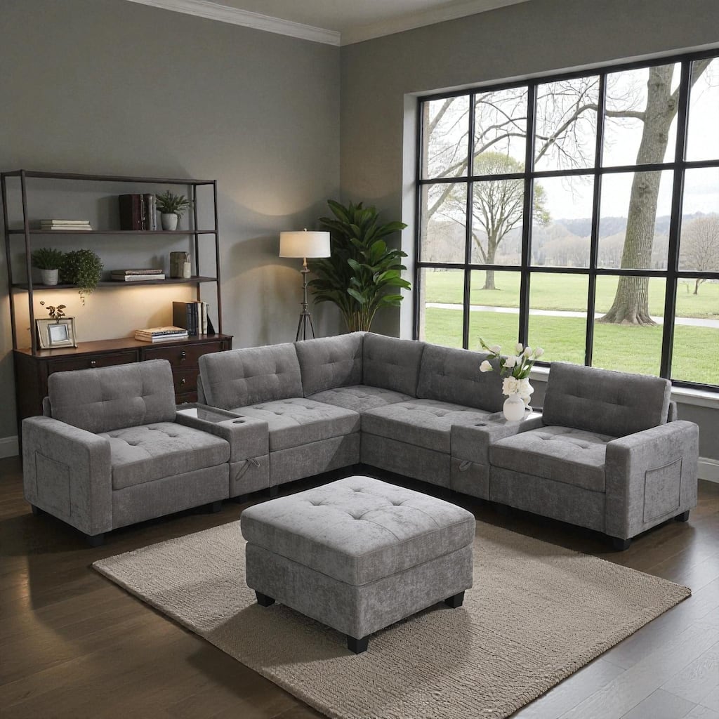104" Chenille U-Shaped Sectional Sofa with Acrylic Table Tops 2 Consoles Storage Drawers USB Charging Movable Ottoman