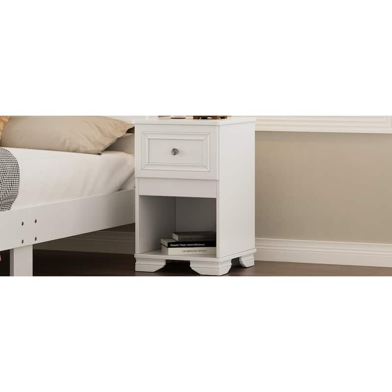 Nightstand With Drawer And Open Shelf, Retro Style Bedside Table With Classic Design And Metal Handle