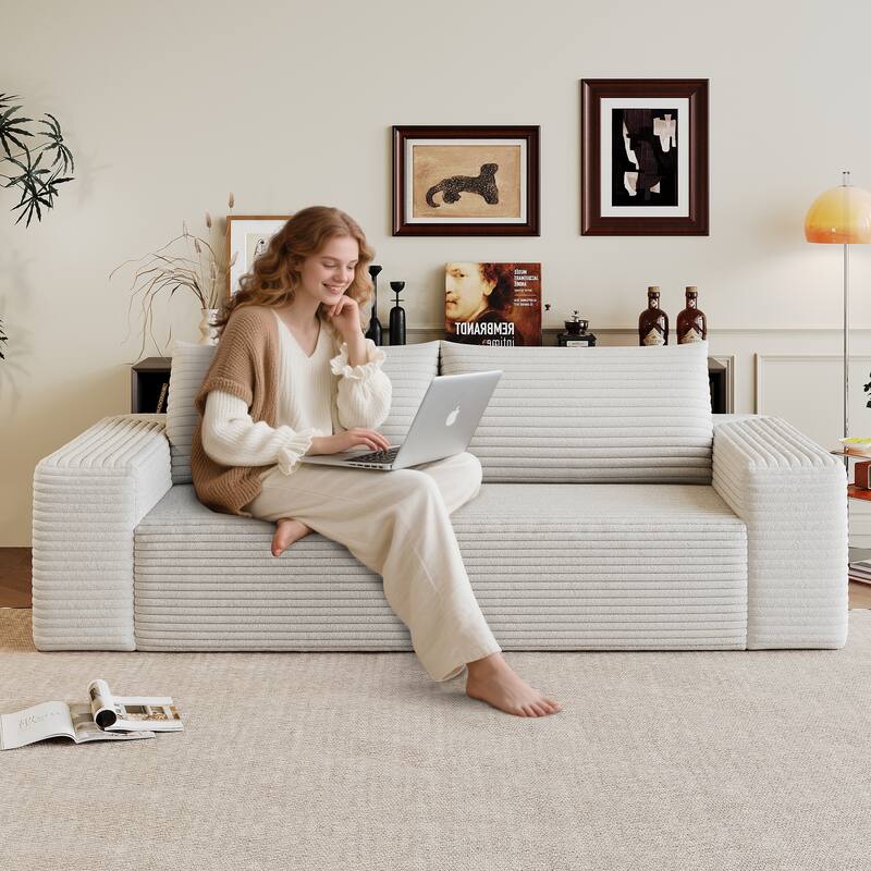 Fabric Sofa Lounge Sofa with High-Density Sponge Cushion, Loveseat Recliner Sofa with Wide Armrests & Striped Pattern - White