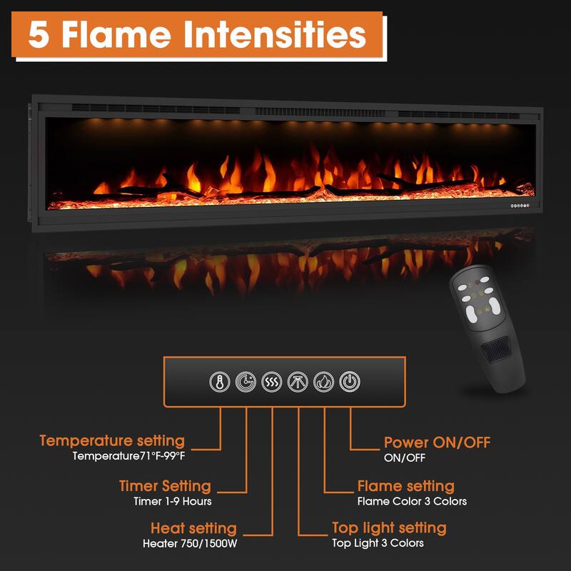 76" 1500W Modern Inserted Wall Mounted Linear Smart Electric Fireplace Heater with APP Control and Remote